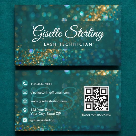 Lash Techniker Aquamarin Gold Glitzer QR Code Luxu Visitenkarte