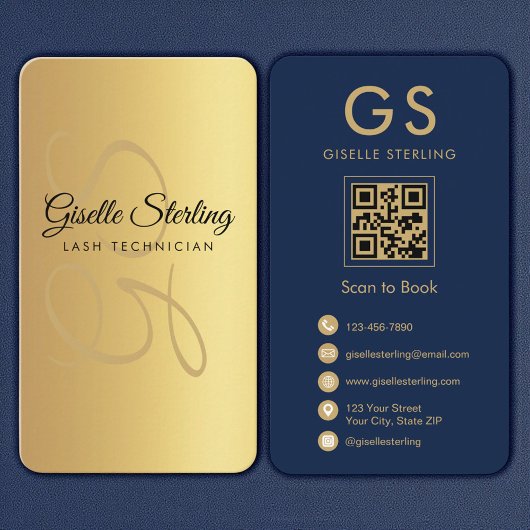 Lash Techniker Gold Navy Blue QR Code Monogram Visitenkarte