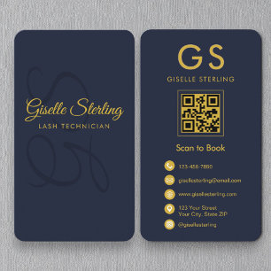 Lash Techniker Monogram Navy Blue Gold QR Code Visitenkarte