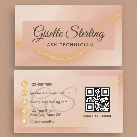 Lash Techniker Watercolor Gold Monogram QR Code Visitenkarte