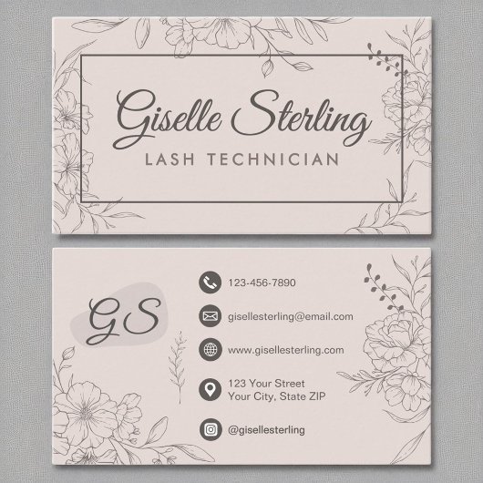 Lash Technique Blush Pink Bloral Line Art Script Visitenkarte