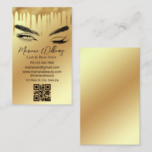 lash und braun Künstler qr Code Goldtropfen Visitenkarte (Vorne/Hinten)