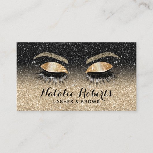 Lashes Brows Beauty Salon Black & Gold Glitzer Visitenkarte (Vorderseite)