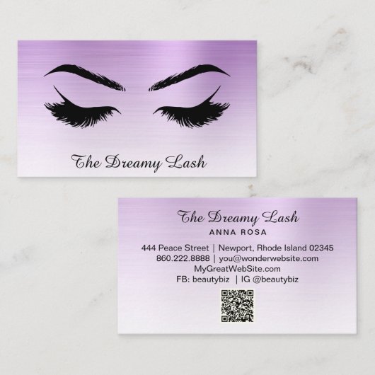 *~* Lashes Brows Extensions QR Metal VIOLET Visitenkarte (Vorne/Hinten)