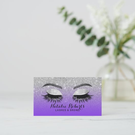 Lashes Brows Makeup Artist Lila & Silver Glitzer Visitenkarte (Stehend Vorderseite)