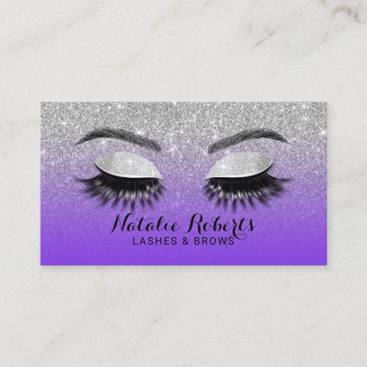 Lashes Brows Makeup Artist Lila & Silver Glitzer Visitenkarte (Vorderseite)