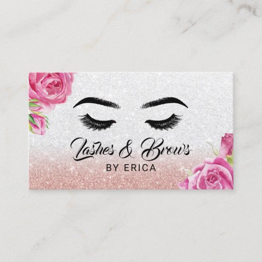 Lashes & brows Makeup Artist Silver Glitzer Floral Visitenkarte (Vorderseite)