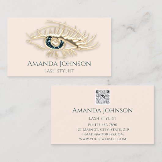 Lashes Brows Makeup Logo Gold Elfenbeincode Qr Cod Visitenkarte (Vorne/Hinten)
