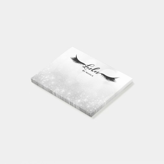 Lashes Eyelashes Silver Sparkle Glam Personalisier Post-it Klebezettel (angewinkelt)
