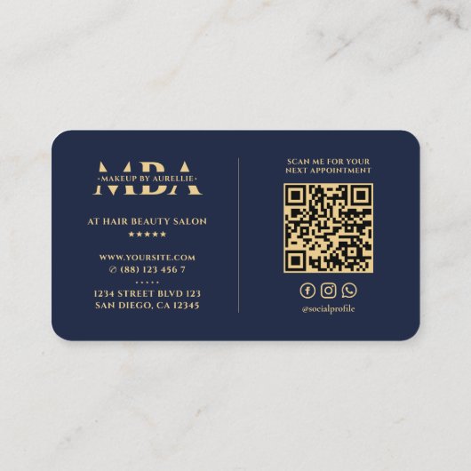 Lashes Makeup Artist Elegant Navy Modernes Monogra Visitenkarte (Rückseite)