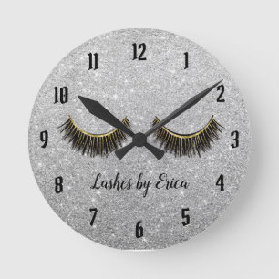 Lashes Makeup Artist Moderner Silver Glitzer Runde Wanduhr