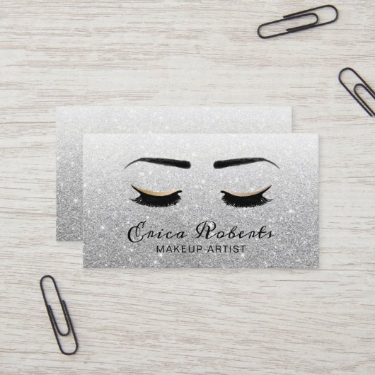 Lashes Makeup Artist Moderner Silver Glitzer Visitenkarte (Vorderseite/Rückseite Beispiel)