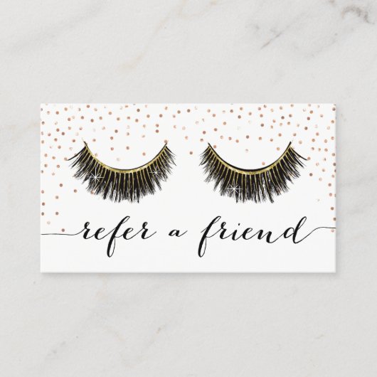 Lashes Makeup Artist Rose Gold Confetti Referenz Empfehlungskarte (Vorderseite)