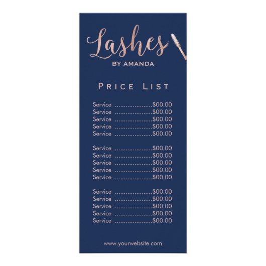 Lashes Makeup Artist Rose Gold Script Navy Price Werbekarte (Vorne)