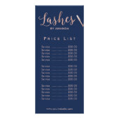 Lashes Makeup Artist Rose Gold Script Navy Price Werbekarte (Hinten)
