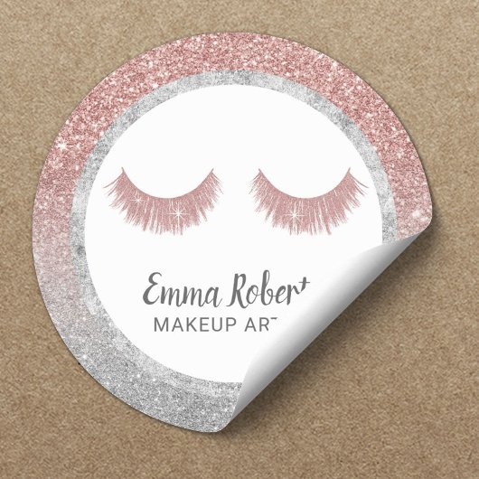 Lashes Makeup Artist Rose Gold & Silver Glitzer Runder Aufkleber