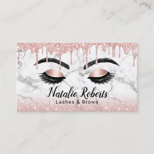 Lashes Makeup Artist Rose Gold Tropfen Weißer Marm Visitenkarte (Vorderseite)