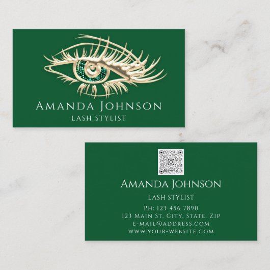 Lashes Makeup Logo Gold Green Qr Code Visitenkarte (Vorne/Hinten)
