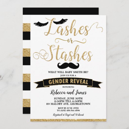 Lashes oder Stashes Gender Reveal Baby Shower Gold Einladung (Vorne/Hinten)