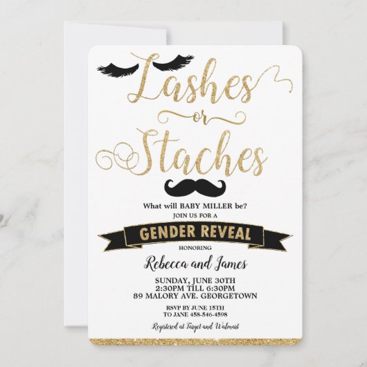 Lashes oder Stress Gender Reveal Baby Shower Gold Einladung (Vorderseite)