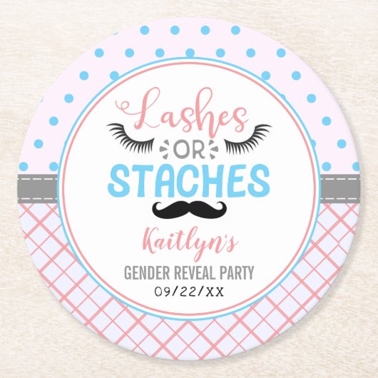 "Lashes or staches" Modernes Party zur Aufdeckung  Runder Pappuntersetzer (Vorderseite)