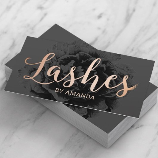 Lashes Rose Gold Typography Elegant Black Floral Visitenkarte