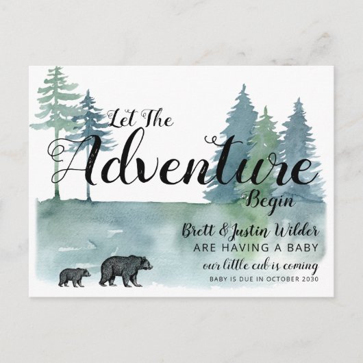 Lass Adventure Begin Watercolor Bears Pregnancy Ankündigungspostkarte (Vorderseite)