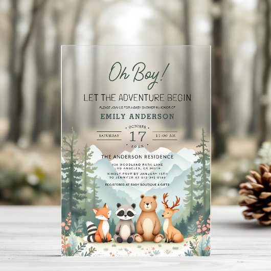 Lass Adventure Begin Woodland Forest Baby Shower Acryleinladungen