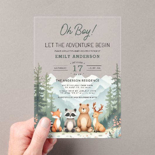 Lass Adventure Begin Woodland Forest Baby Shower Acryleinladungen (Insitu (Handheld))