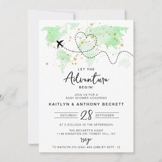 "Lass das Abenteuer an!" Reisekarte Kinderdusche Einladung (Vorderseite)