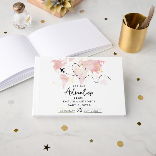 "Lass das Abenteuer an!" Reisekarte Kinderdusche Gästebuch (Vorderseite Offen)