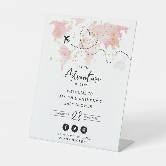 "Lass das Abenteuer an!" Reisekarte Kinderdusche Sockelschild (Vorderseite)