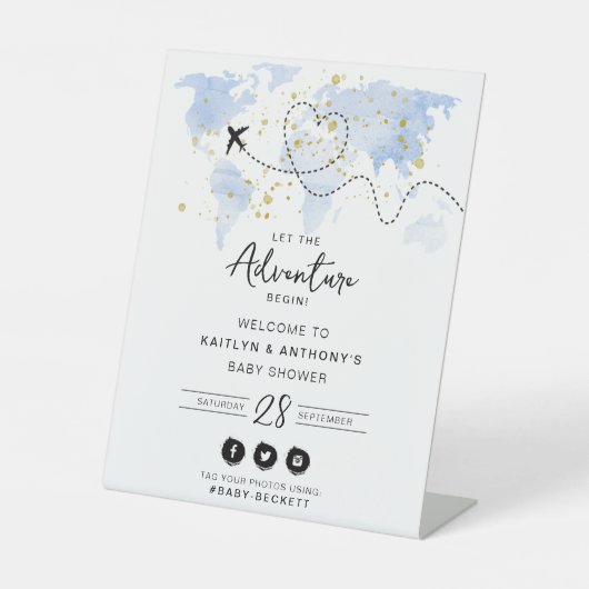 "Lass das Abenteuer an!" Reisekarte Kinderdusche Sockelschild (Vorderseite)