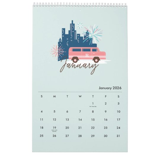 Lass das Abenteuer beginnt Chic Pink Retro Van Fam Kalender (Jan 2026)