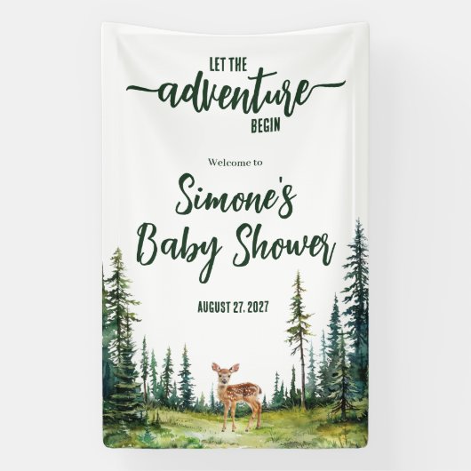 Lass den Adventure Begin! Woodland Fawn Babydusche Banner (Vertikal)