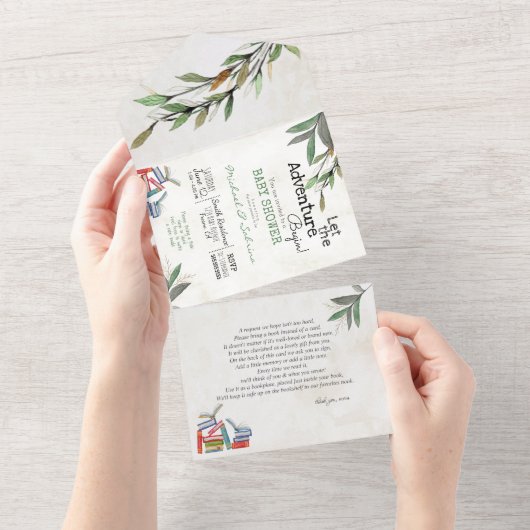 Lass der Adventure Begin Book Request Baby Dusche  All In One Einladung (Abreißen)