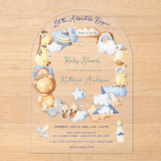 Lass der Adventure Begin Boy Baby Toy Baby Shower Acryleinladungen (Vorderseite)