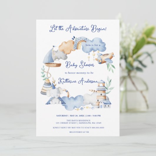 Lass der Adventure Begin Boy Baby Toy Baby Shower Einladung (Stehend Vorderseite)