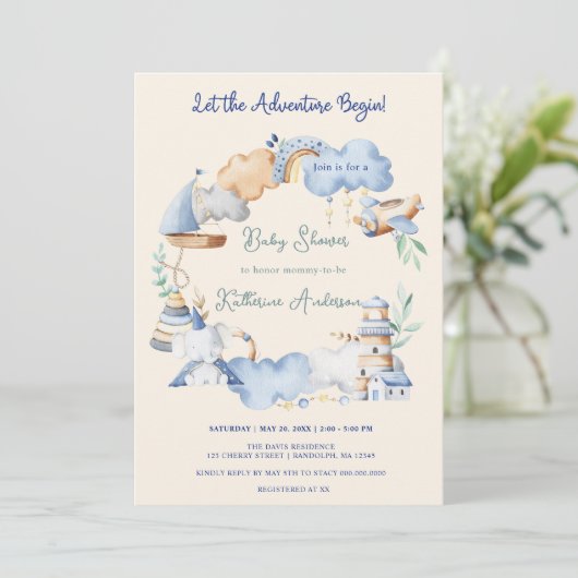 Lass der Adventure Begin Boy Baby Toy Baby Shower Einladung (Stehend Vorderseite)