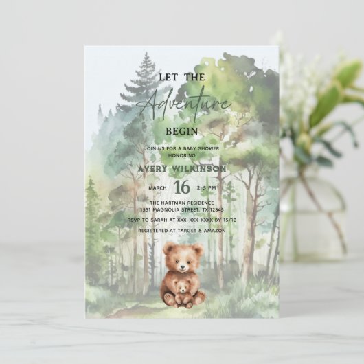 Lass der Adventure Begin Forest Bear Baby Shower Einladung (Stehend Vorderseite)