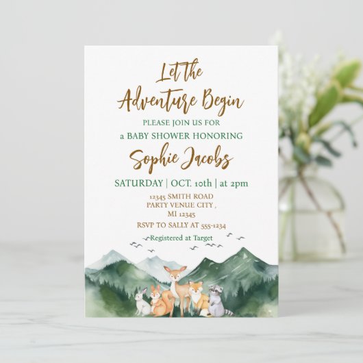 Lass der Adventure Begin Forest Rustic Baby Shower Einladung (Stehend Vorderseite)