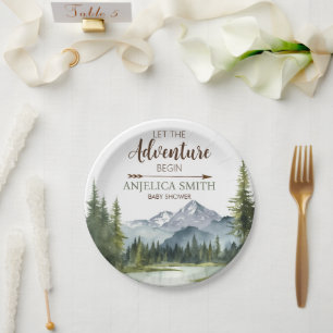 Lass der Adventure Begin Forest Rustic Baby Shower Pappteller