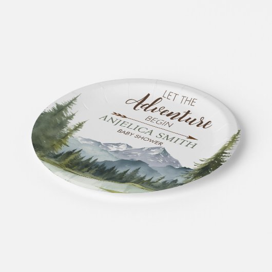 Lass der Adventure Begin Forest Rustic Baby Shower Pappteller (Schrägansicht)
