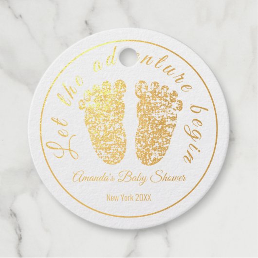 Lass der Adventure Begin Gold Feet Foot Baby Dusch Geschenkanhänger (Vorderseite)