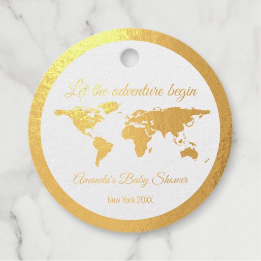 Lass der Adventure Begin Golden Globe Babydusche Geschenkanhänger (Vorderseite)