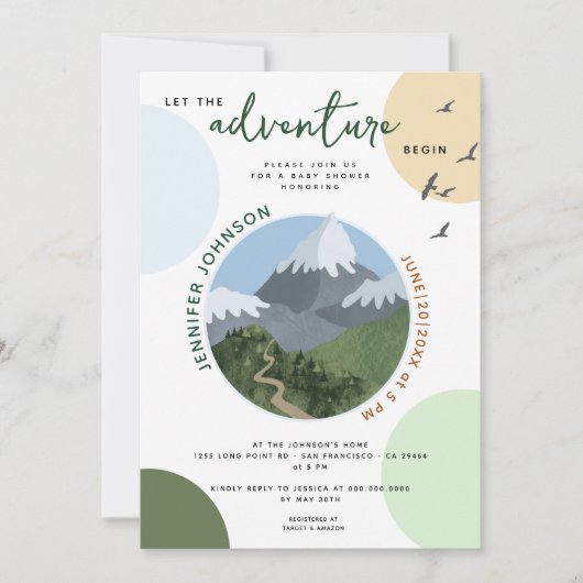 Lass der Adventure Begin Mountain Baby Dusche Einladung (Vorderseite)
