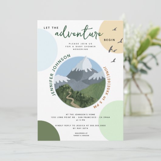 Lass der Adventure Begin Mountain Baby Dusche Einladung (Stehend Vorderseite)