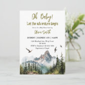 Lass der Adventure Begin Mountain Baby Dusche Einladung (Stehend Vorderseite)