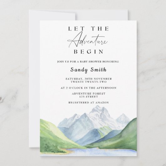 Lass der Adventure Begin Mountain Boy Baby Dusche Einladung (Vorderseite)