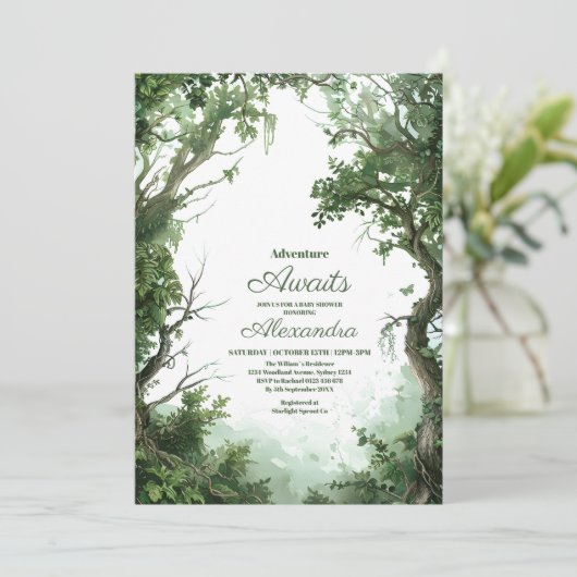 Lass der Adventure Begin Mountain Boy Baby Dusche Einladung (Stehend Vorderseite)